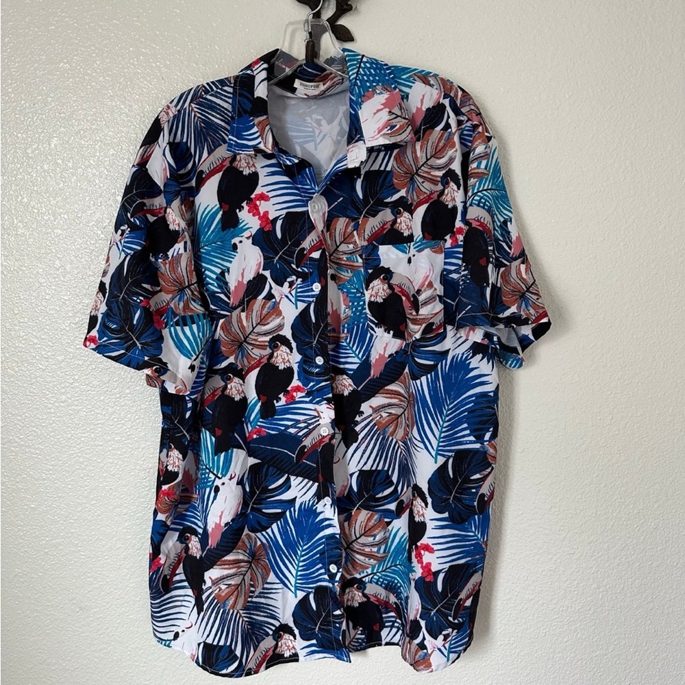 EISHOPEER Men's Tropical Toucan Birds &  Floral Button Down Shirt~ Size XL